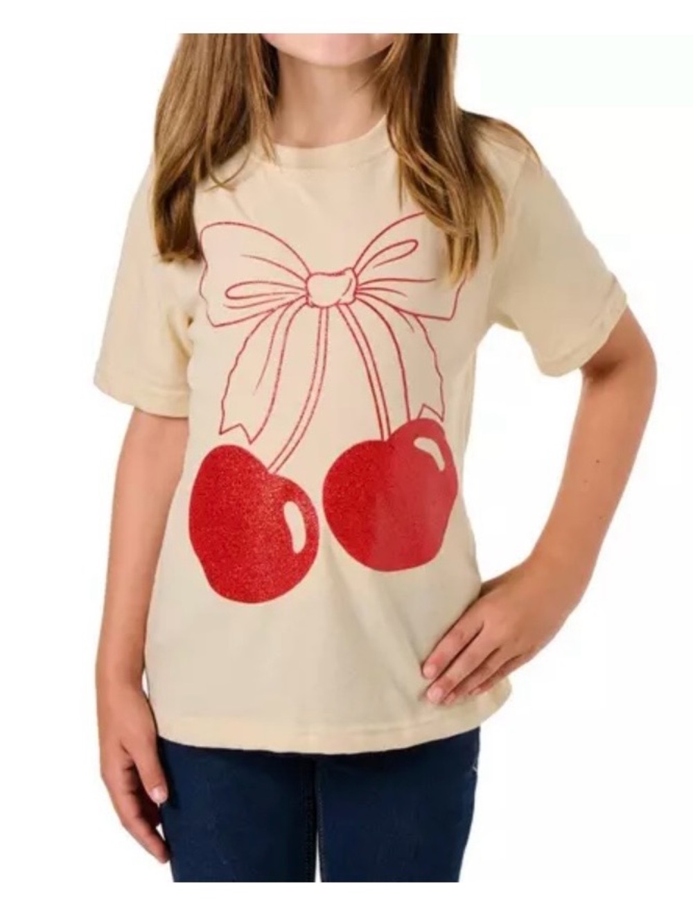 Cream Kids Short-Sleeve Tee with Red Cherry Graphic